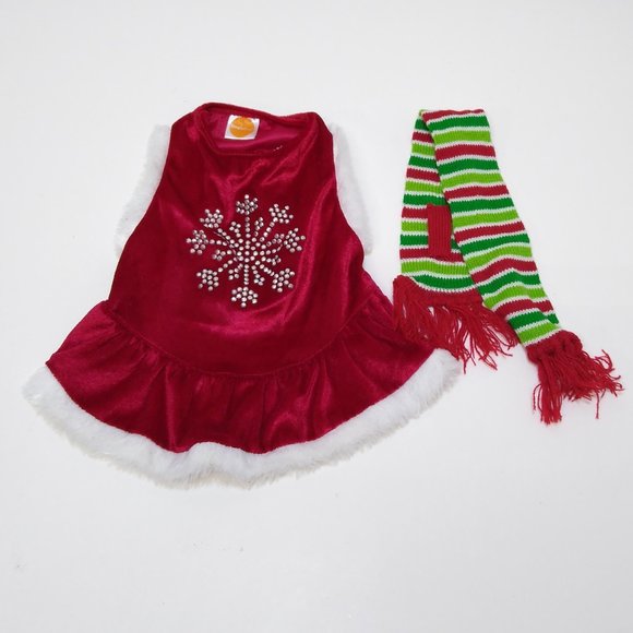 Simple Dog Small Christmas Outfits Puffer Hoodie Snowflake Skirt Scarfs - Picture 2 of 10